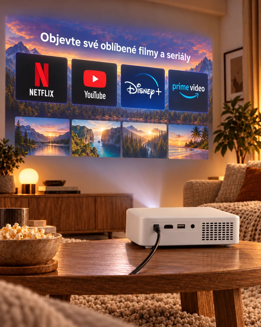 Projektor Projektorland Horizon – 800 ANSI lumenů, Full HD 1080p, HDMI, digitální korekce lichoběžníku a vestavěný reproduktor