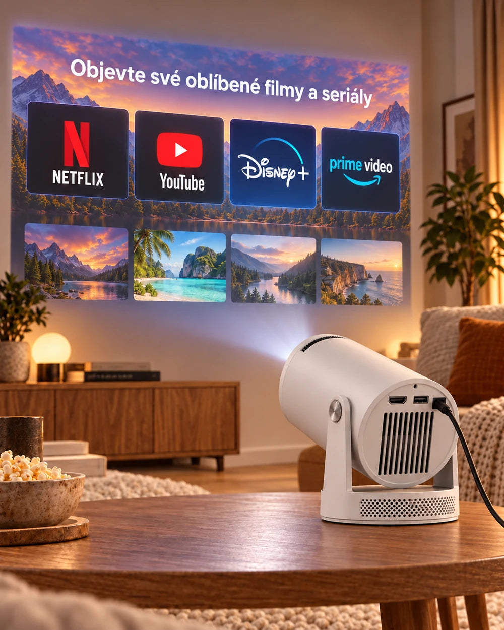 Mini projektor Projektorland Luma Pro – 400 ANSI lumenů, Full HD 1080p, automatické ostření, Android 14 a Wi-Fi 6