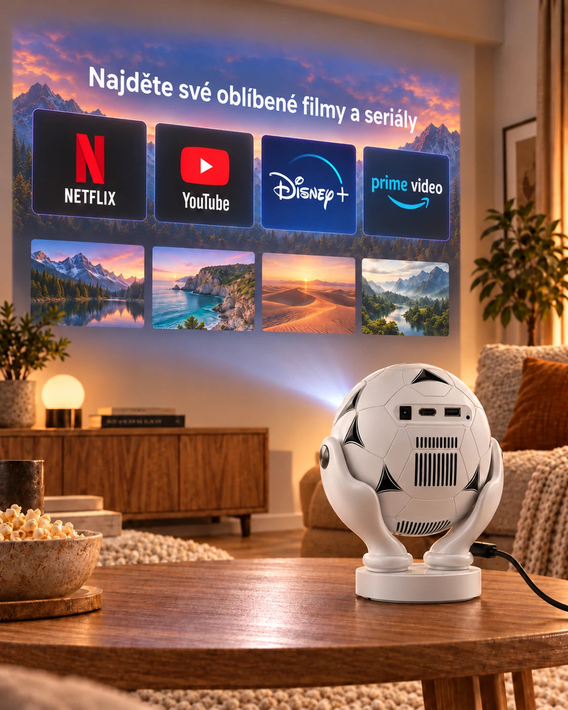 Mini projektor Projektorland Orbit Pro – 500 ANSI lumenů, Full HD 1080p, elektronické ostření, Android 14 a Wi-Fi 6