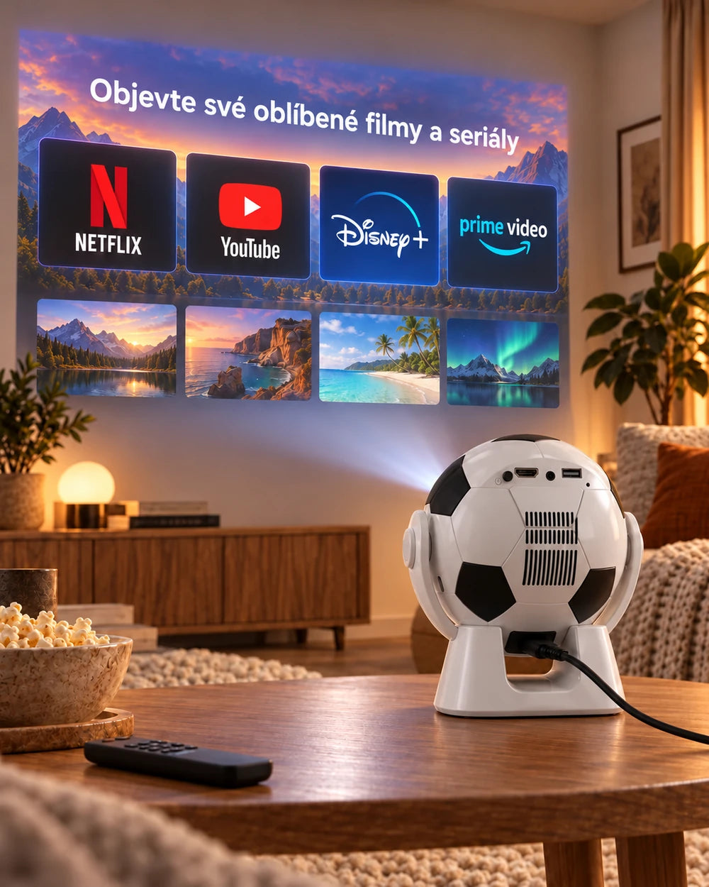 Mini projektor Projektorland Orbit – 300 ANSI lumenů, Android 14, Wi-Fi, Bluetooth 5.4 a 35–135 palců