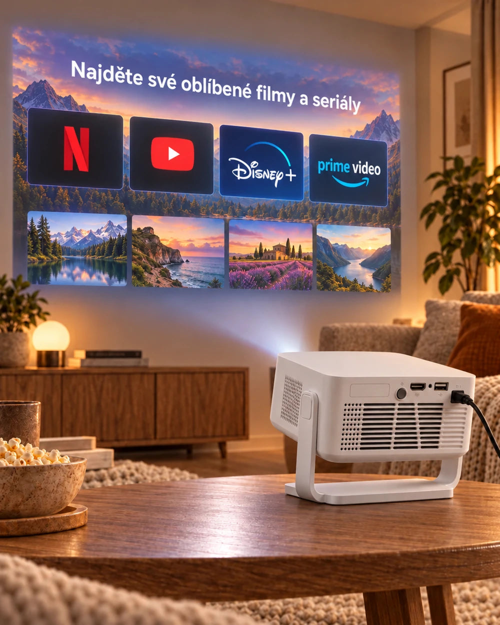 Mini projektor Projektorland Vista Max – 260 ANSI lumenů, HD 720p, automatické ostření, Android 14 a Wi-Fi 6