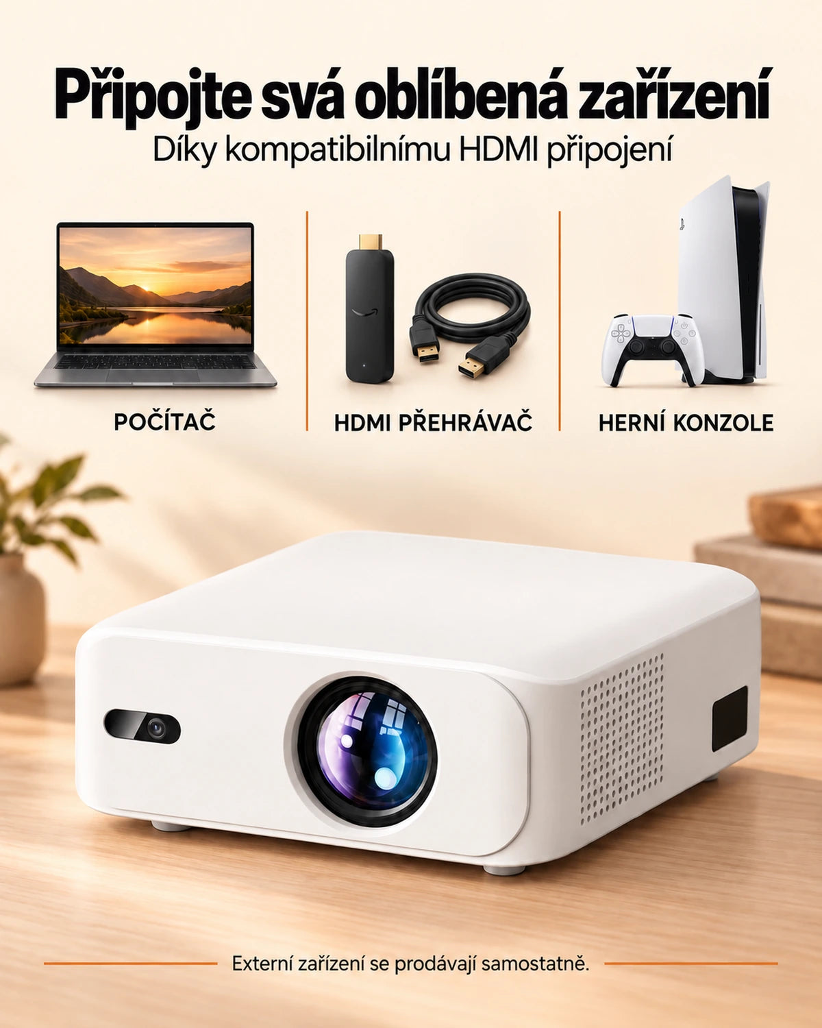 Projektor Projektorland Horizon – 800 ANSI lumenů, Full HD 1080p, HDMI, digitální korekce lichoběžníku a vestavěný reproduktor