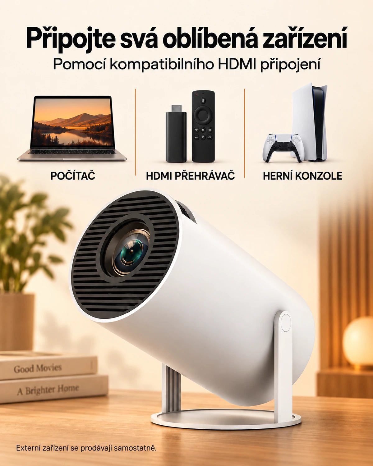 Mini projektor Projektorland Luma Compact – 200 ANSI lumenů, HD 720p, Android 14, Wi-Fi 6 a reproduktor 5 W