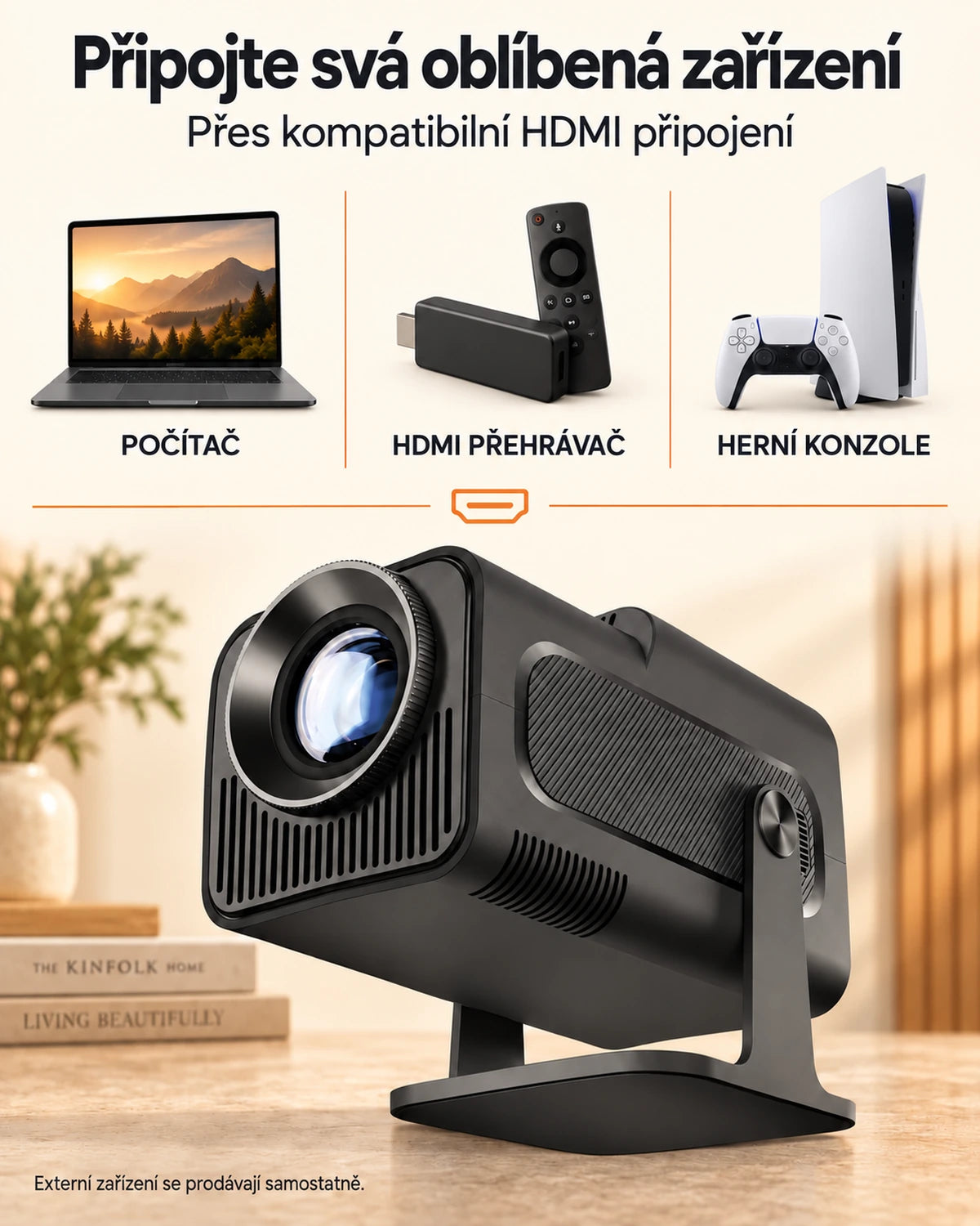Mini projektor Nomad Mini – 300 ANSI lumenů, HD 720p, Android 11, Wi-Fi 6, Bluetooth a otáčení o 180°