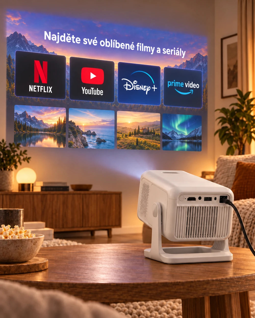 Mini projektor Projektorland Nova Plus – 420 ANSI lumenů, Full HD 1080p, automatické ostření, Android a Wi-Fi