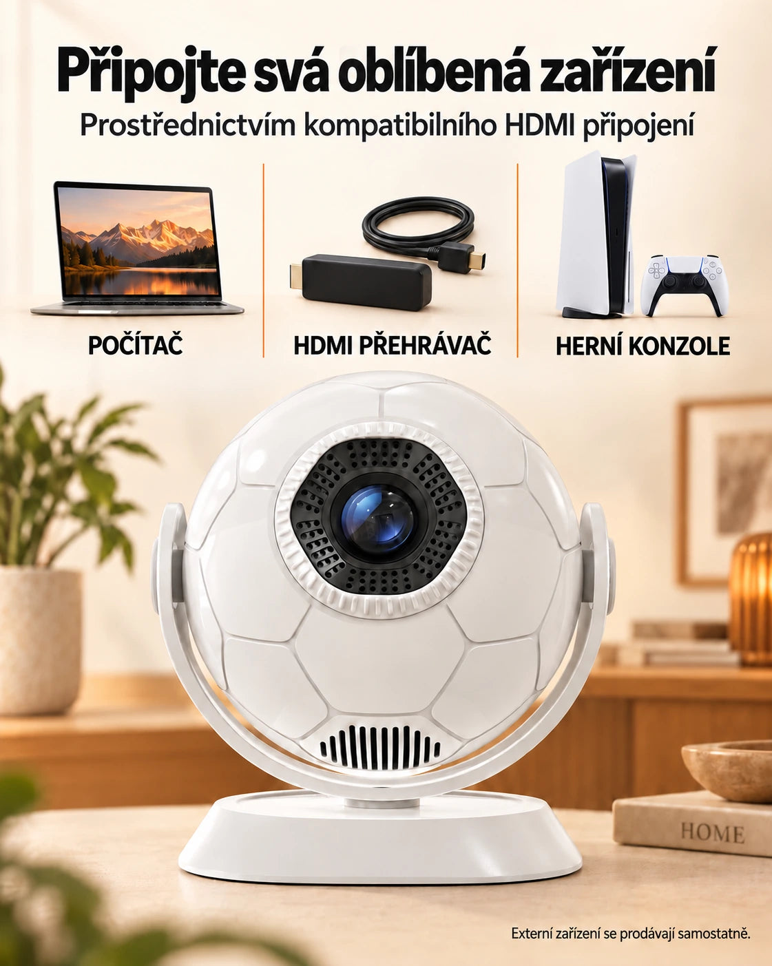 Mini projektor Projektorland Orbit – 300 ANSI lumenů, Android 14, Wi-Fi, Bluetooth 5.4 a 35–135 palců