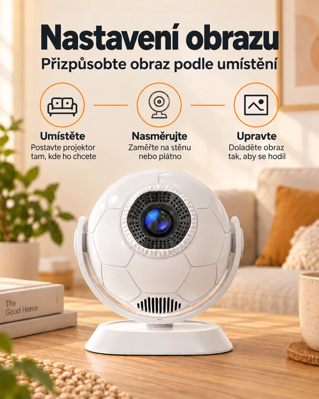 Mini projektor Projektorland Orbit – 300 ANSI lumenů, Android 14, Wi-Fi, Bluetooth 5.4 a 35–135 palců