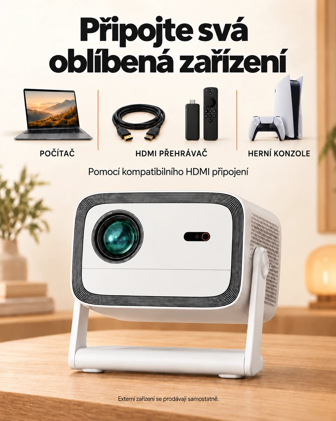 Projektor Projektorland Panorama – 900 ANSI lumenů, Full HD 1080p, Android TV 11, automatické ostření a stojan 200°