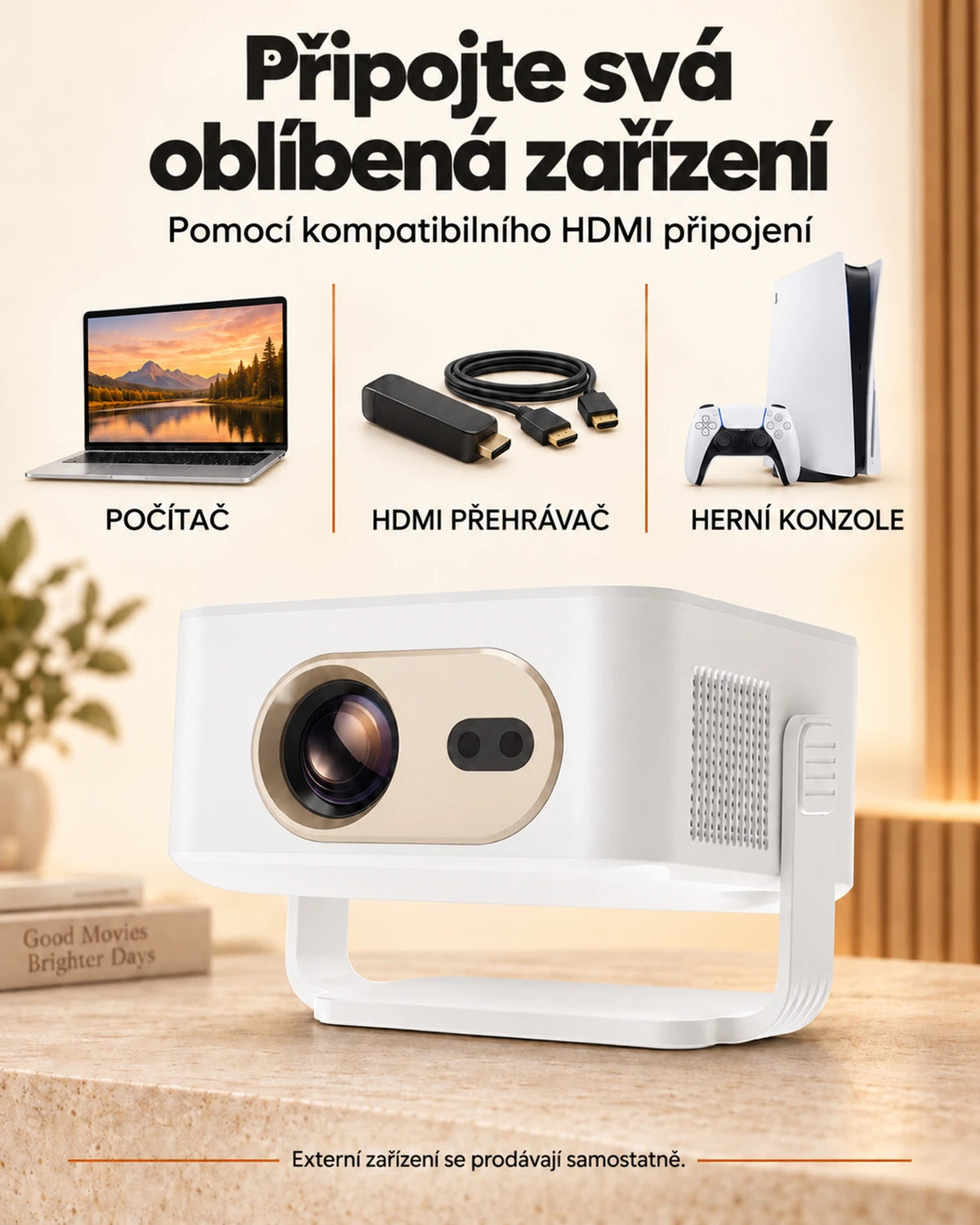Mini projektor Projektorland Vista – 260 ANSI lumenů, HD 720p, automatické ostření a Android 11