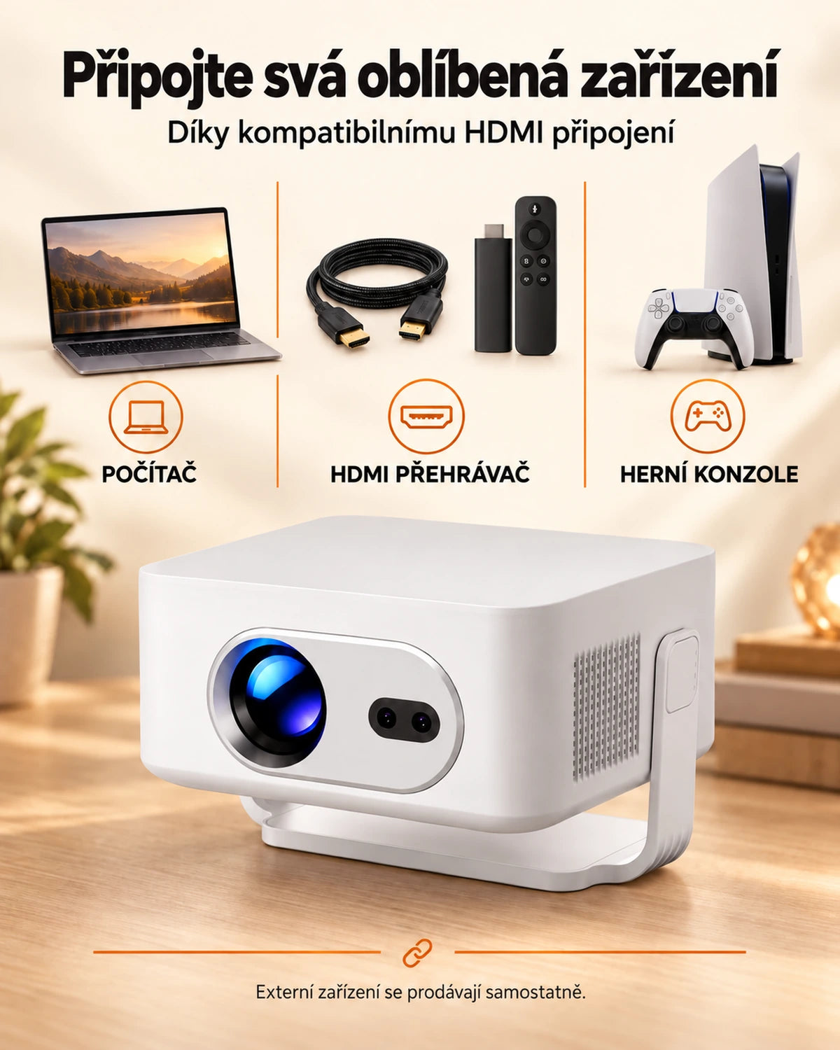 Mini projektor Projektorland Vista Max – 260 ANSI lumenů, HD 720p, automatické ostření, Android 14 a Wi-Fi 6