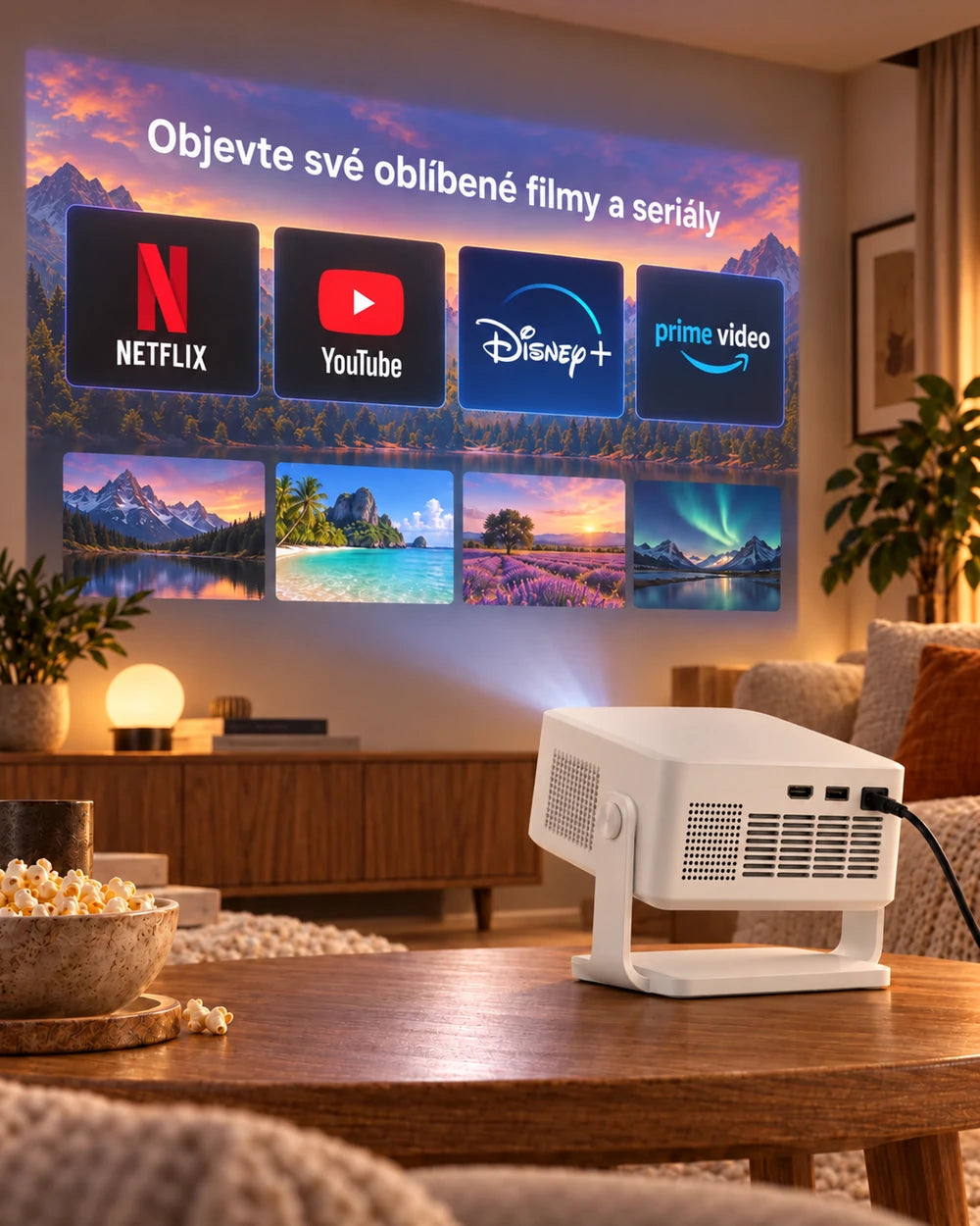 Mini projektor Projektorland Vista – 260 ANSI lumenů, HD 720p, automatické ostření a Android 11